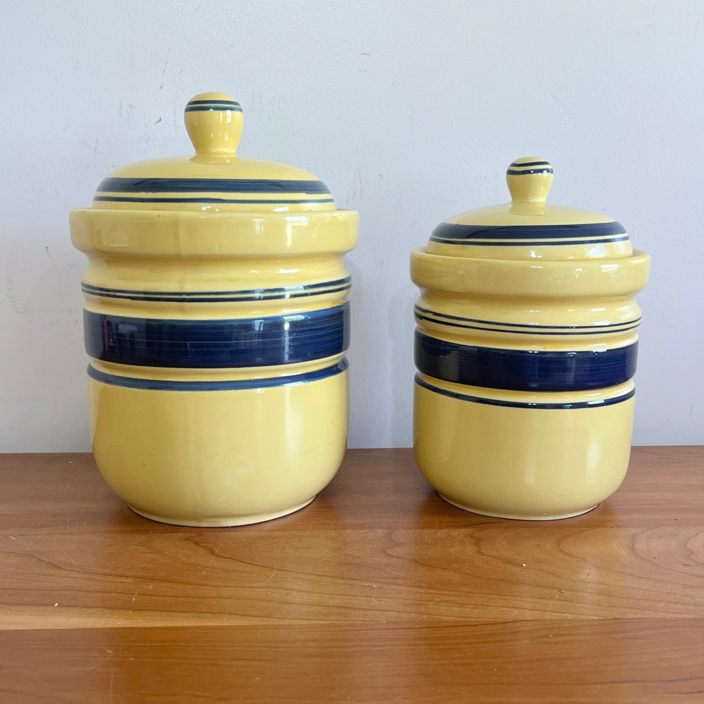 Gibson Everyday Yellow Navy Blue Striped Ceramic Canister Set 2 Piece Farmhouse